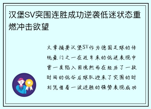 汉堡SV突围连胜成功逆袭低迷状态重燃冲击欲望
