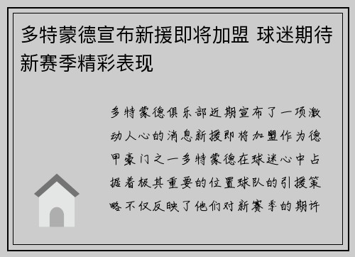 多特蒙德宣布新援即将加盟 球迷期待新赛季精彩表现