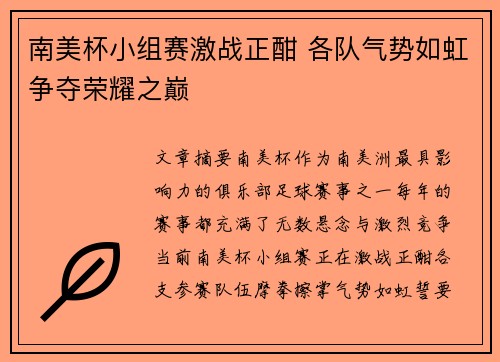 南美杯小组赛激战正酣 各队气势如虹争夺荣耀之巅