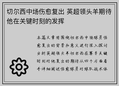 切尔西中场伤愈复出 英超领头羊期待他在关键时刻的发挥