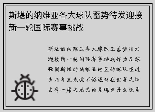 斯堪的纳维亚各大球队蓄势待发迎接新一轮国际赛事挑战