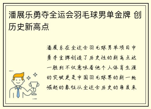 潘展乐勇夺全运会羽毛球男单金牌 创历史新高点