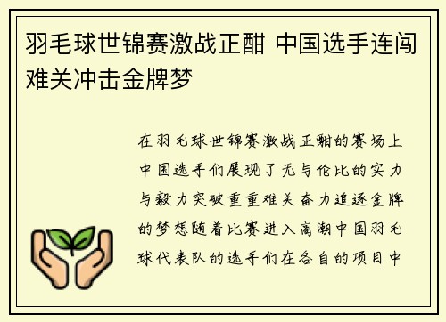 羽毛球世锦赛激战正酣 中国选手连闯难关冲击金牌梦