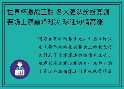 世界杯激战正酣 各大强队纷纷亮剑 赛场上演巅峰对决 球迷热情高涨