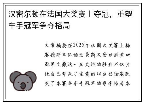 汉密尔顿在法国大奖赛上夺冠，重塑车手冠军争夺格局