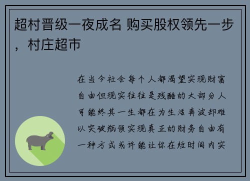 超村晋级一夜成名 购买股权领先一步，村庄超市
